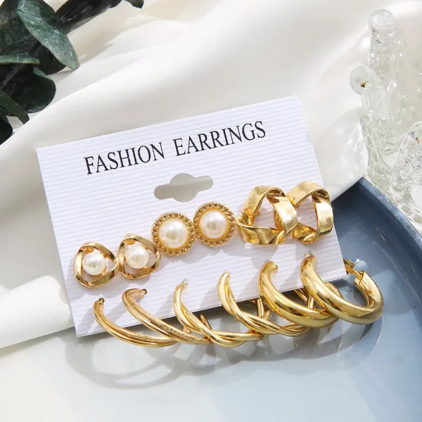 Vintage Pearl Gold Hoop Earrings (6 pairs)